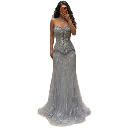 Luxury Lilac Beaded Strapless Mermaid Evening Dress LA73761