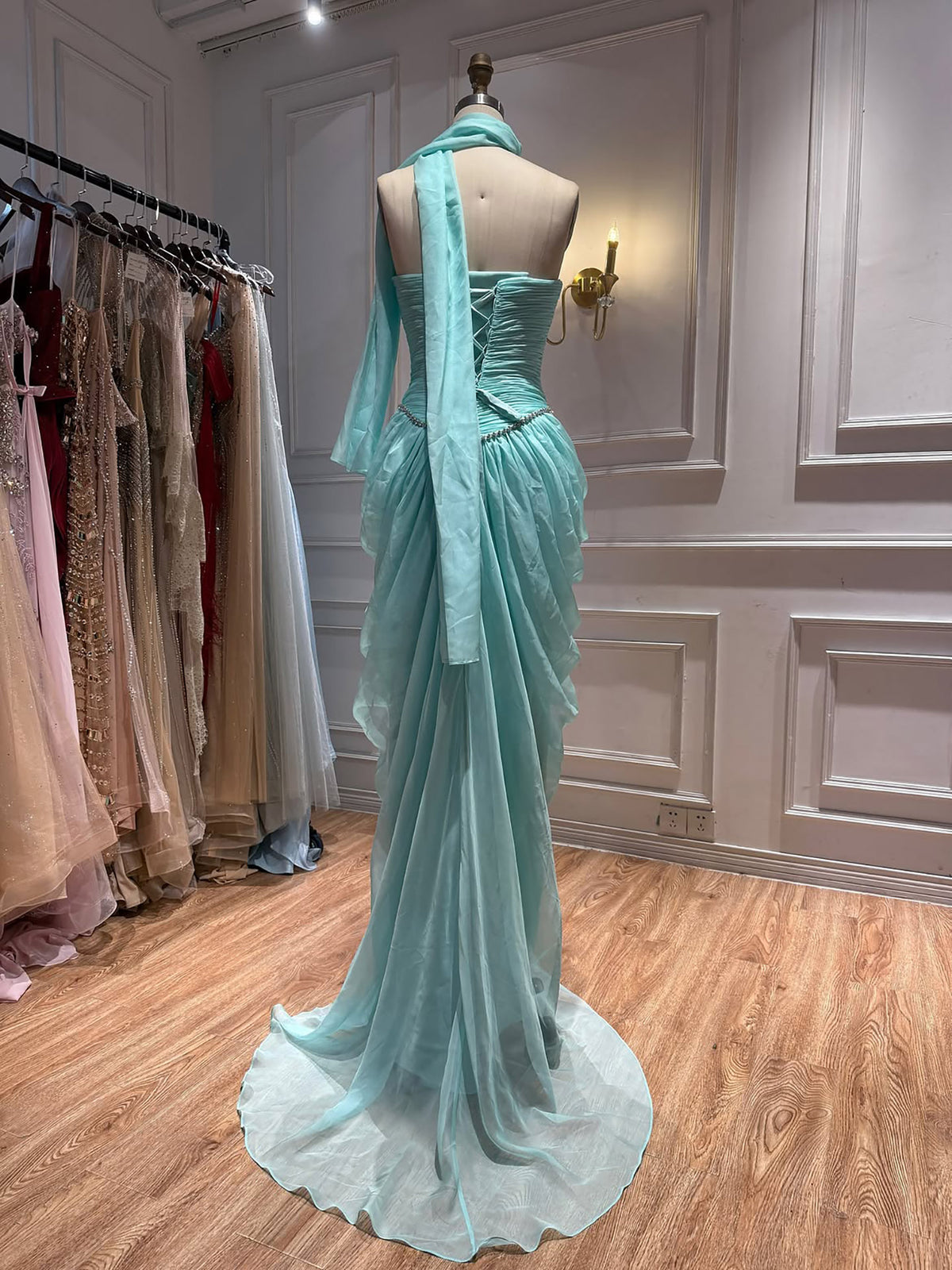 Luxury Sage Green Crystal Beaded Strapless Evening Dress LA73763