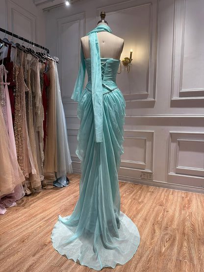 Luxury Sage Green Crystal Beaded Strapless Evening Dress LA73763
