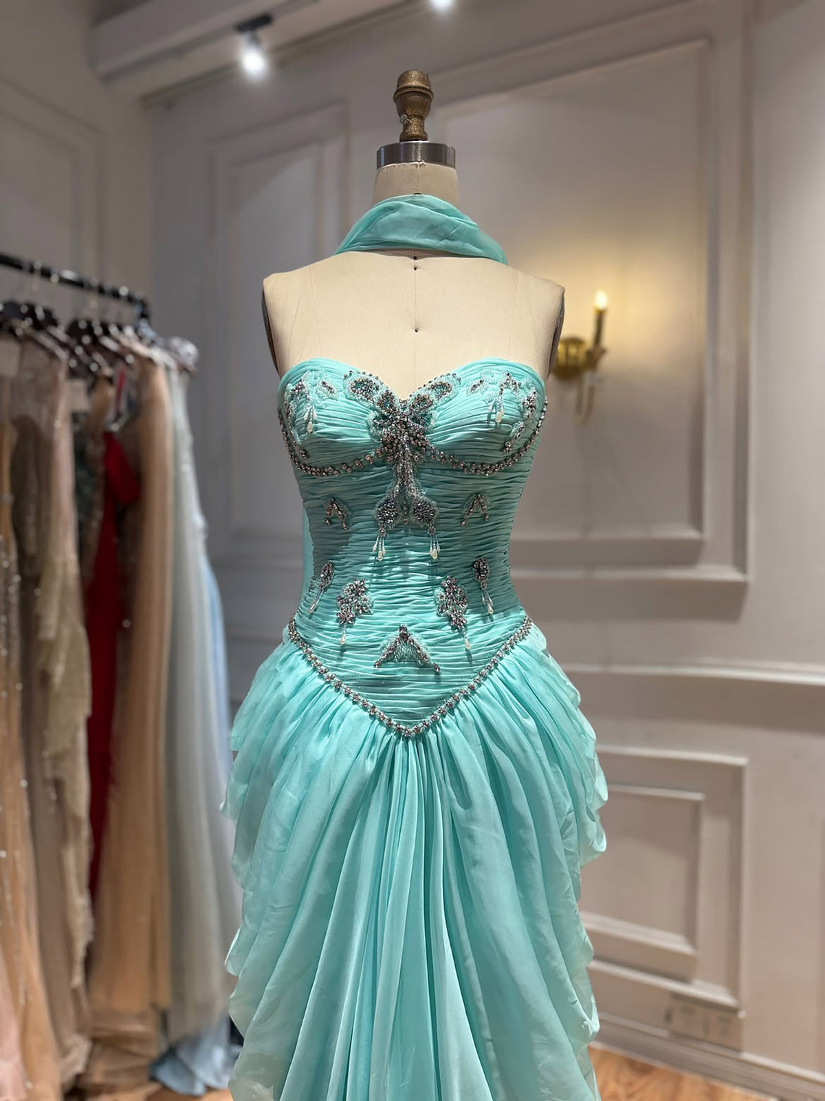 Luxury Sage Green Crystal Beaded Strapless Evening Dress LA73763