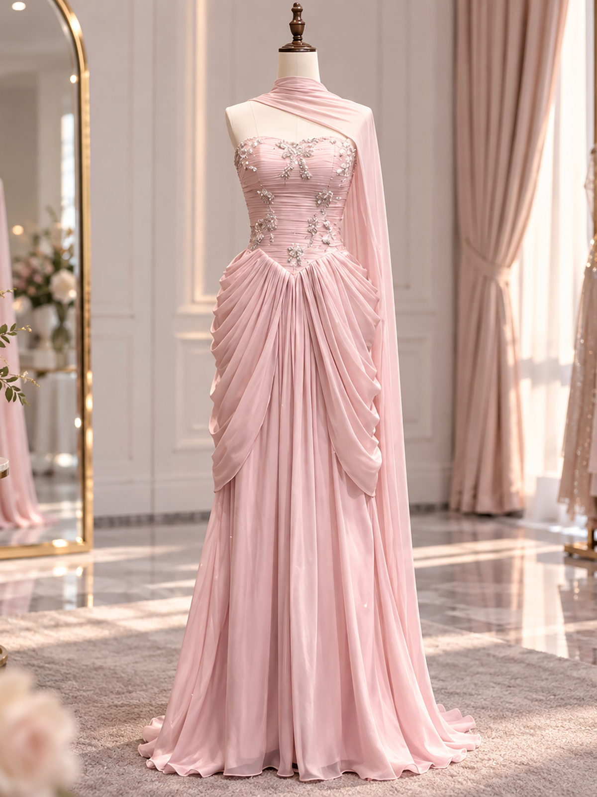 Luxury Pink Beaded Bow Draped A Line Evening Dress LA73763A