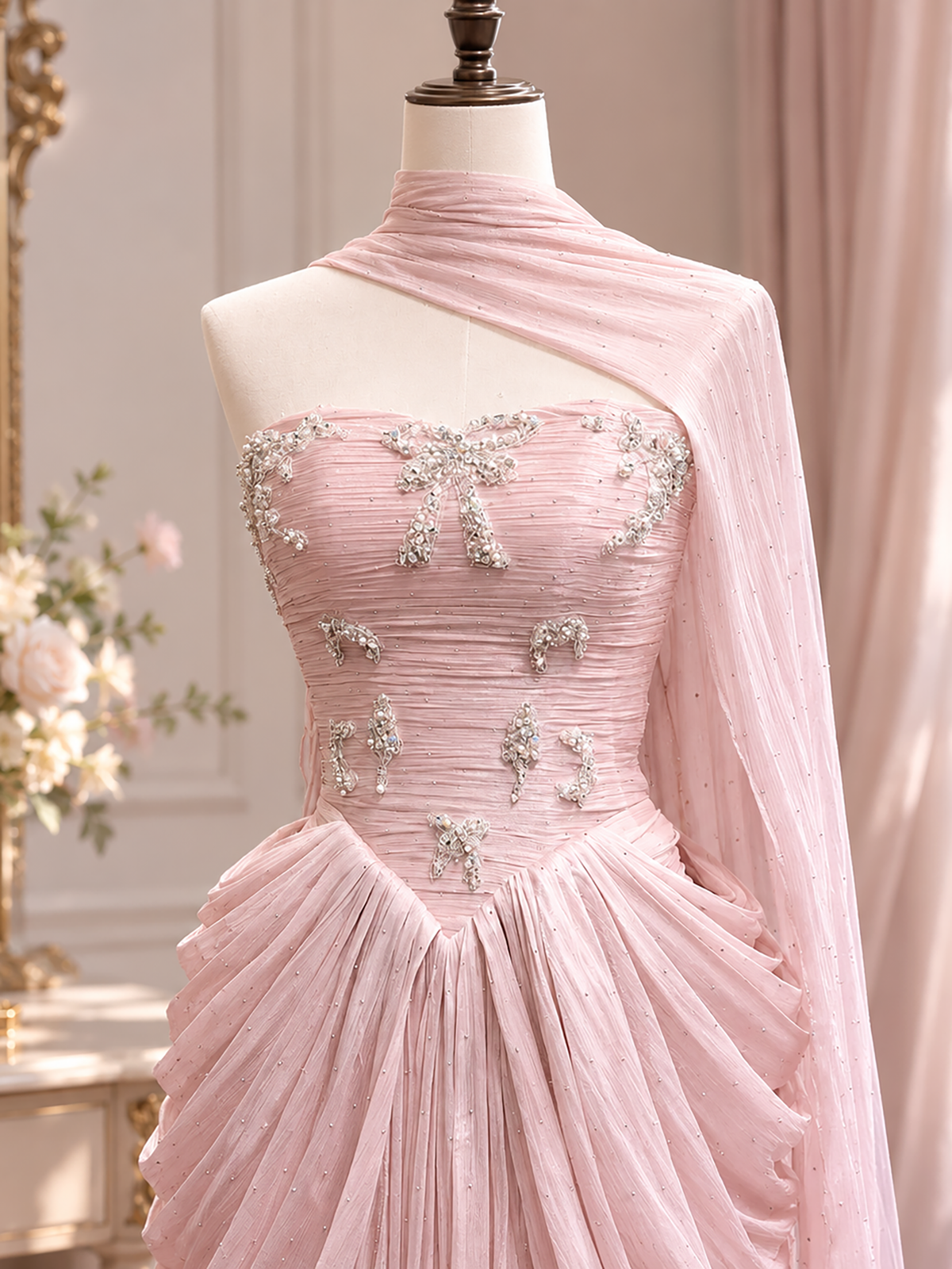 Luxury Pink Beaded Bow Draped A Line Evening Dress LA73763A