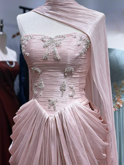 Luxury Pink Beaded Bow Draped A Line Evening Dress LA73763A