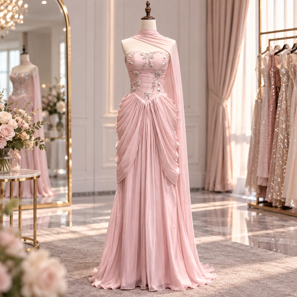 Luxury Pink Beaded Bow Draped A Line Evening Dress LA73763A