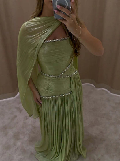 Luxury Sage Green Crystal One Shoulder Pleated Evening Dress LA73764 SERENE HILL
