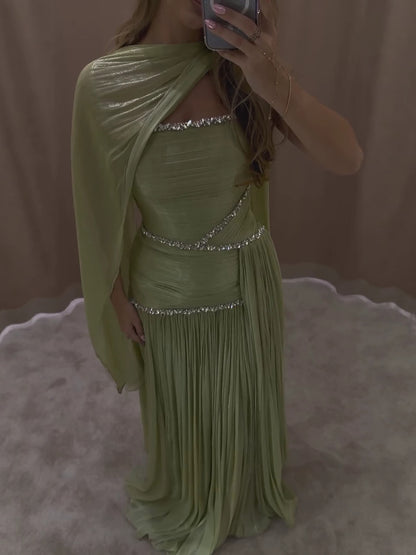 Luxury Sage Green Crystal One Shoulder Pleated Evening Dress LA73764 SERENE HILL