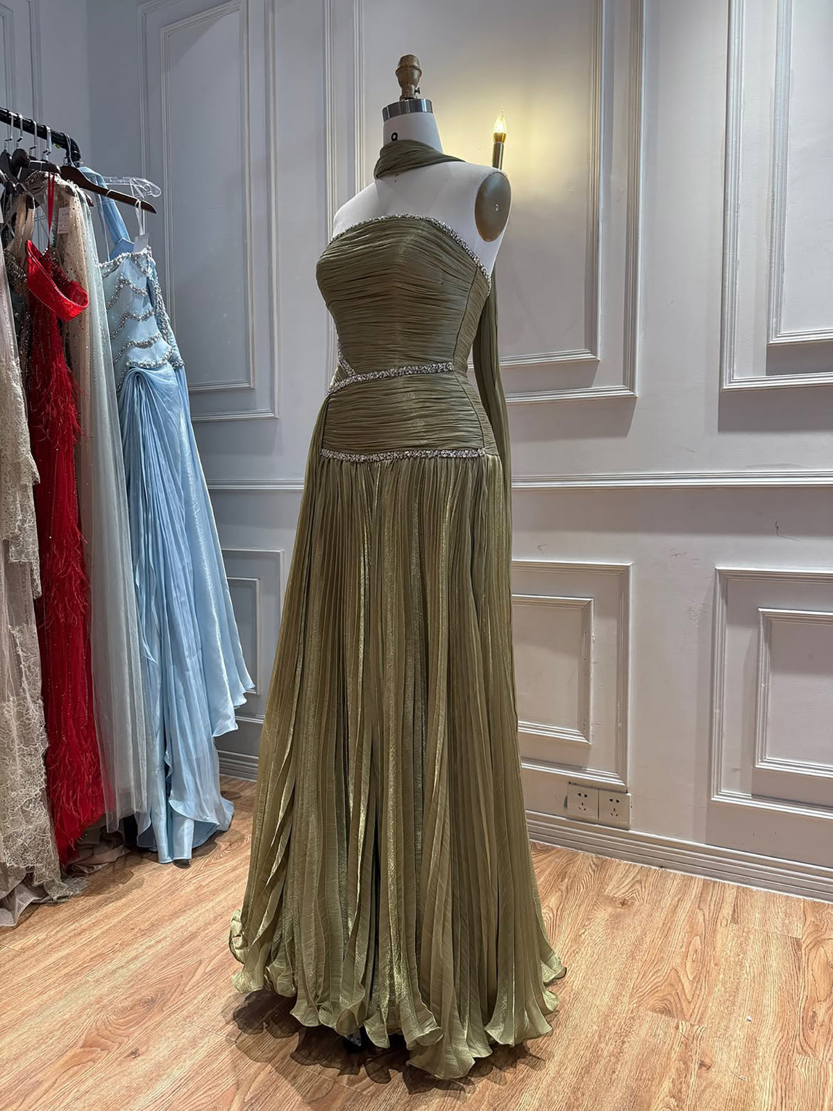 Luxury Sage Green Crystal One Shoulder Pleated Evening Dress LA73764