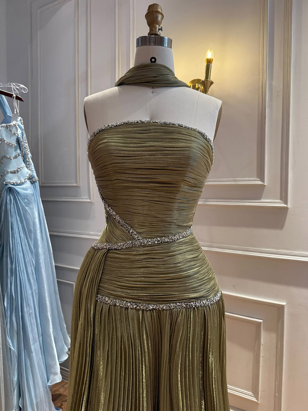 Luxury Sage Green Crystal One Shoulder Pleated Evening Dress LA73764