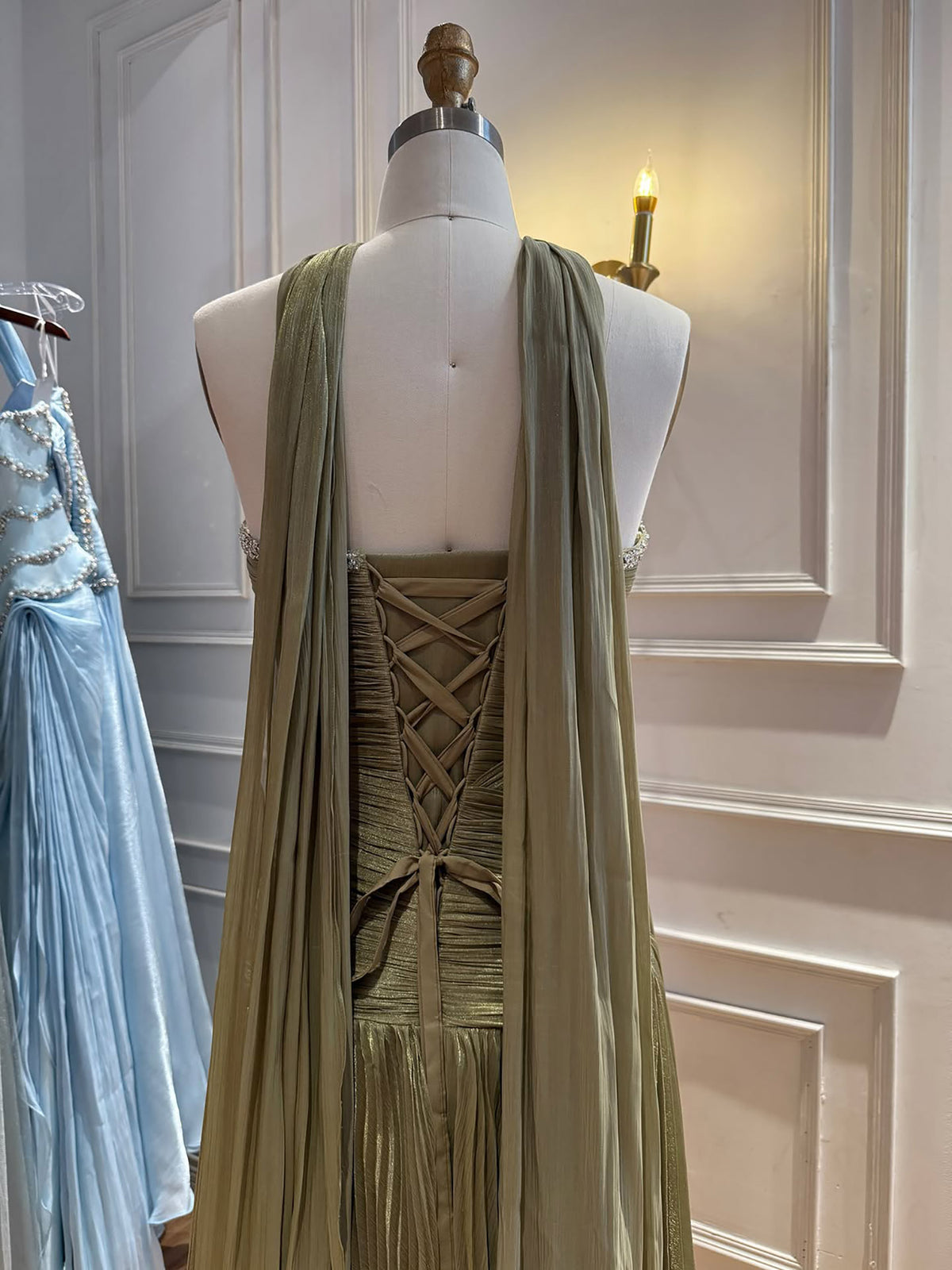 Luxury Sage Green Crystal One Shoulder Pleated Evening Dress LA73764