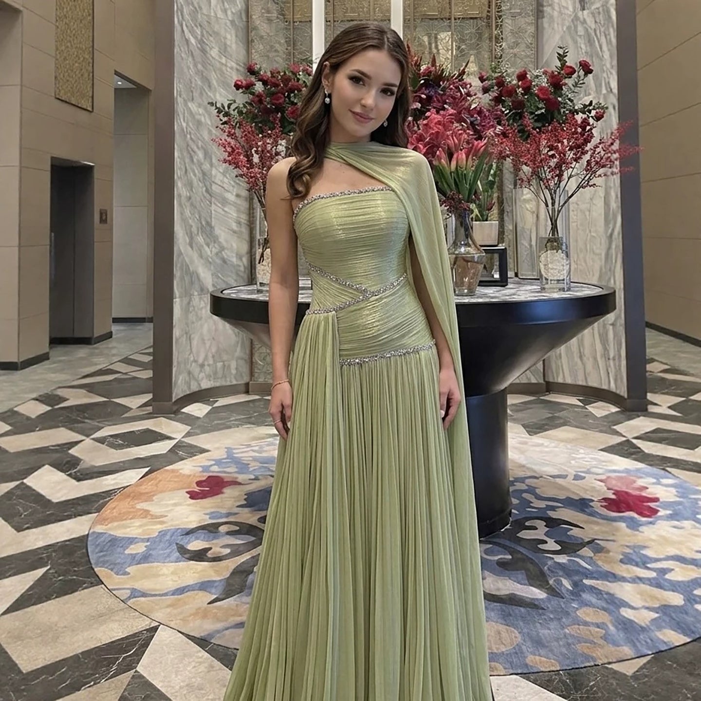 Luxury Sage Green Crystal One Shoulder Pleated Evening Dress LA73764 SERENE HILL