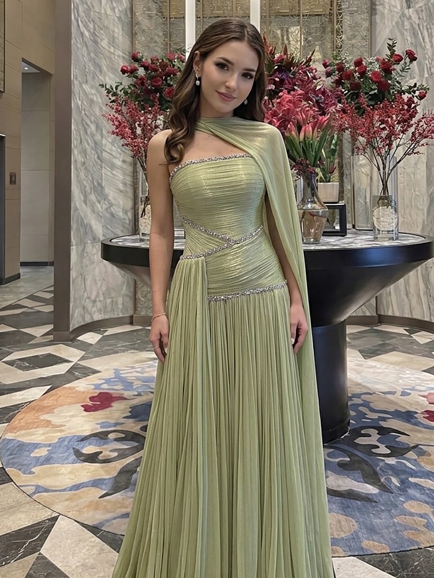Luxury Sage Green Crystal One Shoulder Pleated Evening Dress LA73764 SERENE HILL