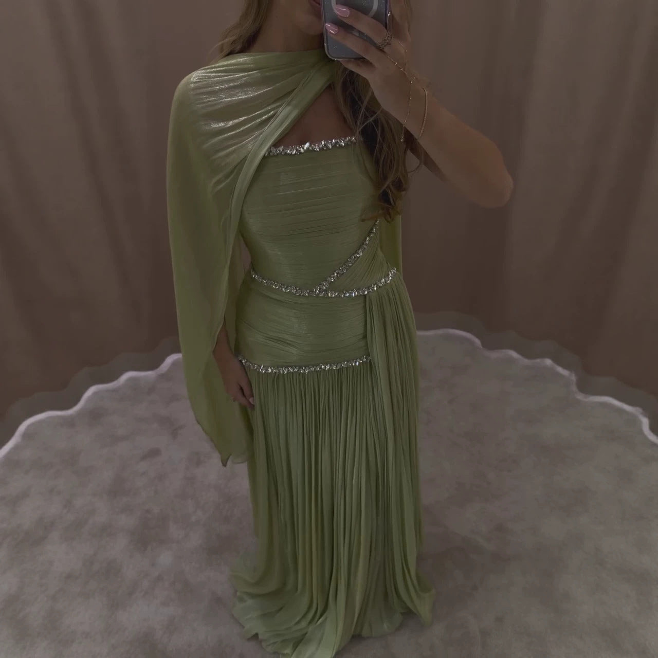 Luxury Sage Green Crystal One Shoulder Pleated Evening Dress LA73764 SERENE HILL