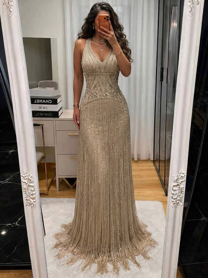Luxury Butter Yellow Halter Fringe Evening Dress LA73765