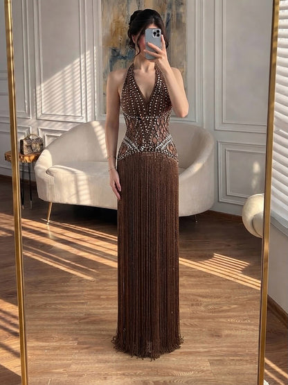 Luxury Butter Yellow Halter Fringe Evening Dress LA73765 SERENE HILL