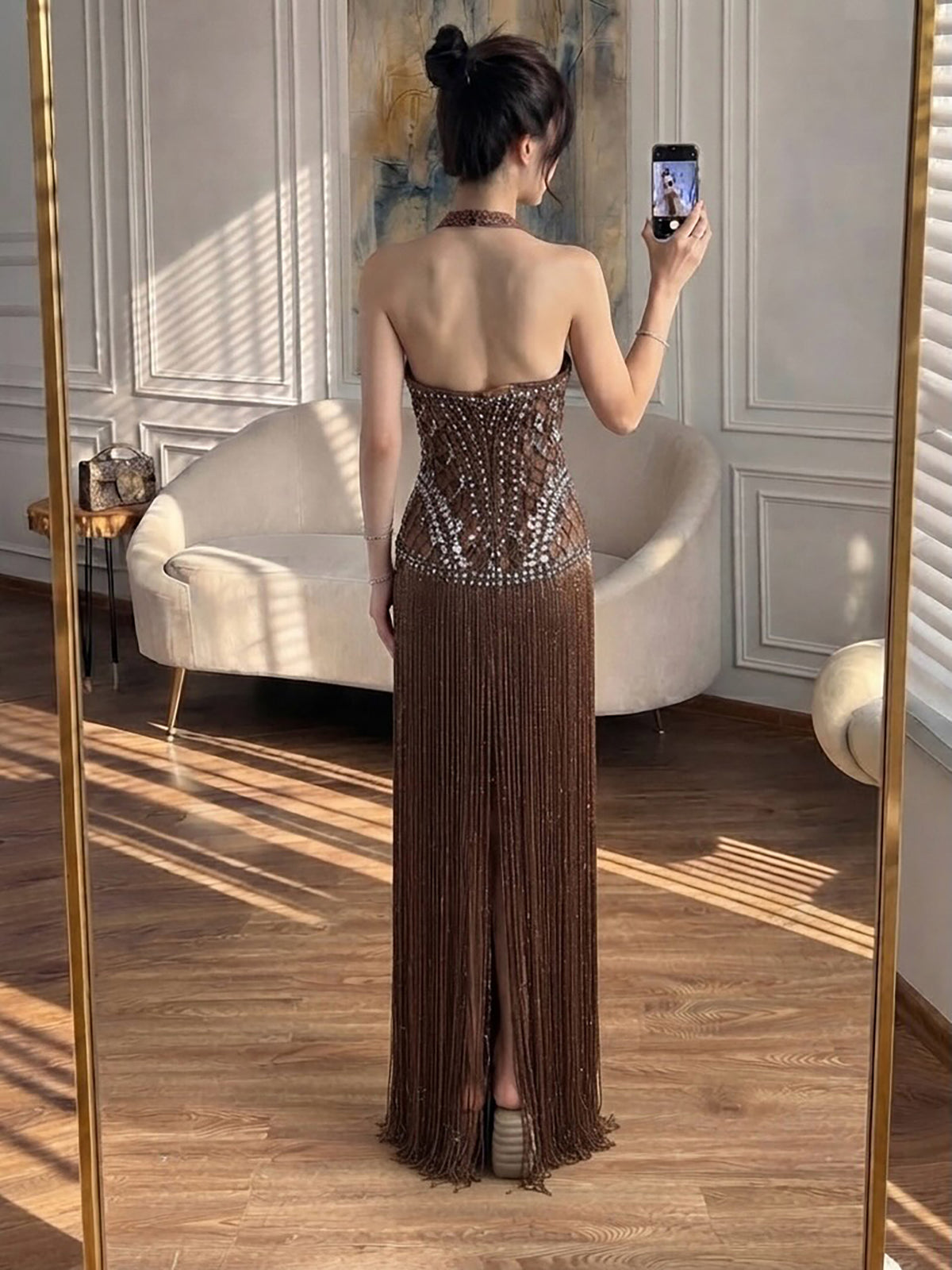 Luxury Butter Yellow Halter Fringe Evening Dress LA73765 SERENE HILL