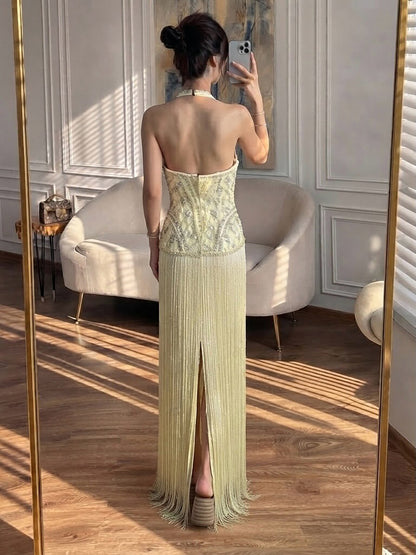 Luxury Butter Yellow Halter Fringe Evening Dress LA73765 SERENE HILL