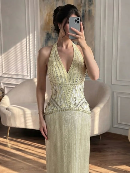 Luxury Butter Yellow Halter Fringe Evening Dress LA73765 SERENE HILL
