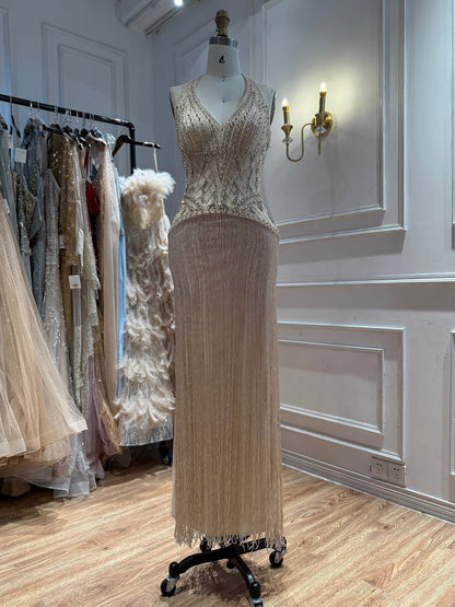 Luxury Butter Yellow Halter Fringe Evening Dress LA73765
