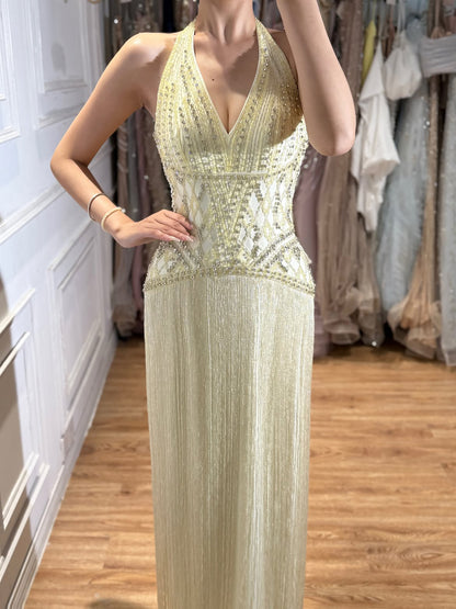 Luxury Butter Yellow Halter Fringe Evening Dress LA73765 SERENE HILL