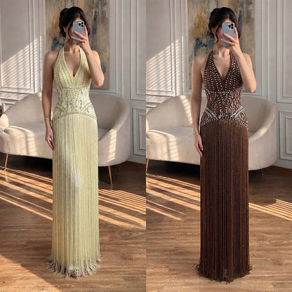 Luxury Butter Yellow Halter Fringe Evening Dress LA73765 SERENE HILL