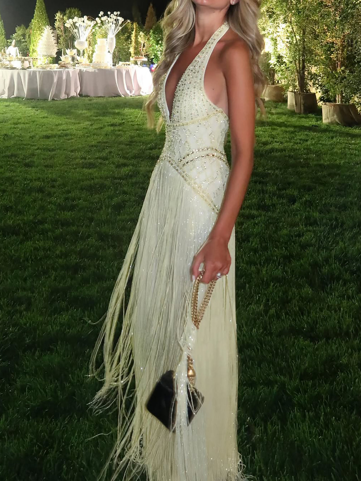 Luxury Butter Yellow Halter Fringe Evening Dress LA73765 SERENE HILL