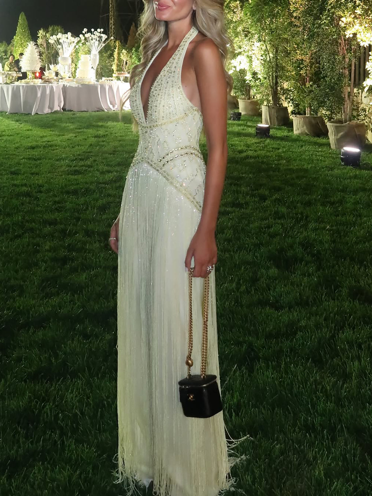 Luxury Butter Yellow Halter Fringe Evening Dress LA73765 SERENE HILL