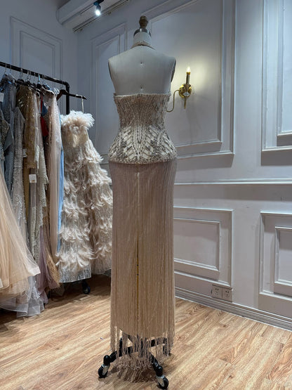 Luxury Butter Yellow Halter Fringe Evening Dress LA73765