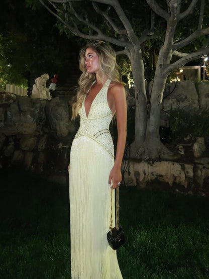Luxury Butter Yellow Halter Fringe Evening Dress LA73765 SERENE HILL