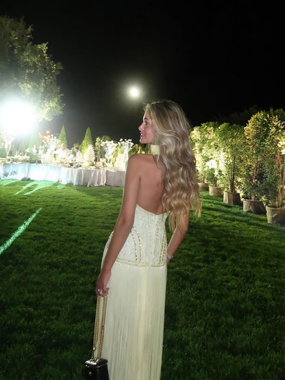 Luxury Butter Yellow Halter Fringe Evening Dress LA73765 SERENE HILL
