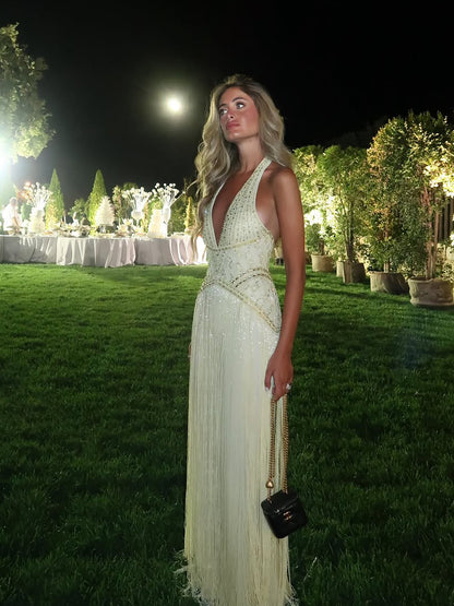 Luxury Butter Yellow Halter Fringe Evening Dress LA73765 SERENE HILL