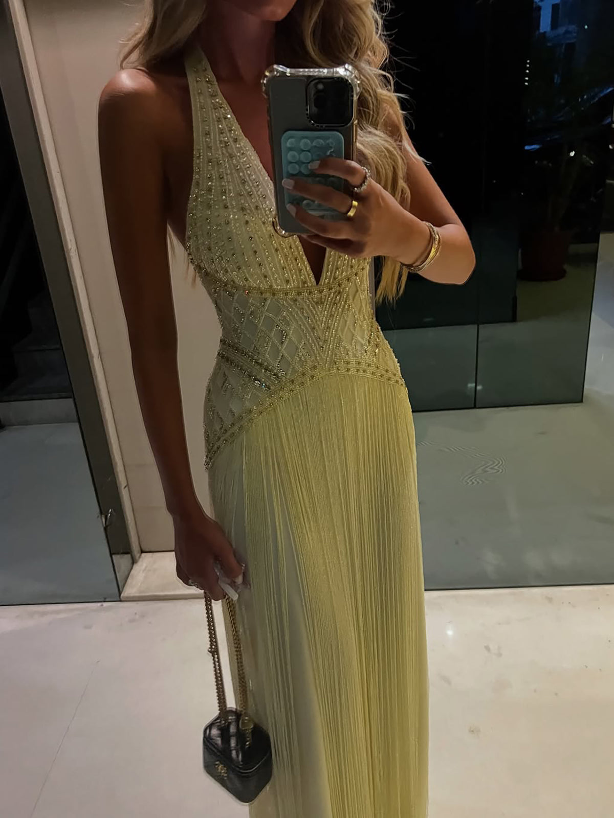 Luxury Butter Yellow Halter Fringe Evening Dress LA73765 SERENE HILL