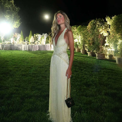 Luxury Butter Yellow Halter Fringe Evening Dress LA73765 SERENE HILL