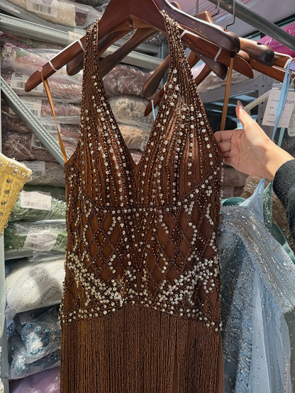 Luxury Butter Yellow Halter Fringe Evening Dress LA73765 SERENE HILL