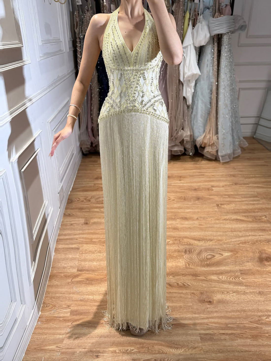 Luxury Butter Yellow Halter Fringe Evening Dress LA73765 SERENE HILL
