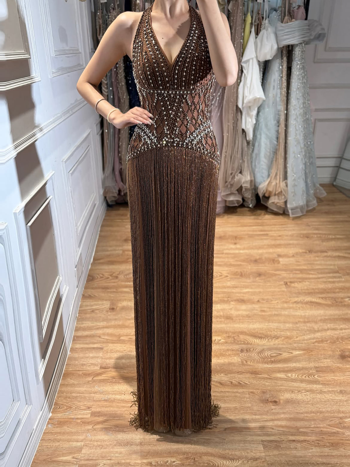 Luxury Butter Yellow Halter Fringe Evening Dress LA73765 SERENE HILL