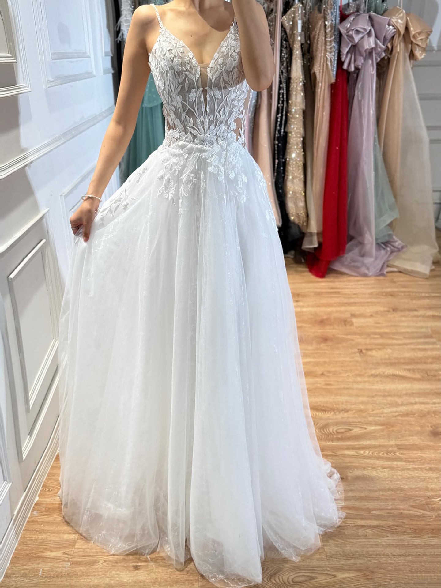 Luxury White Spaghetti Strap Floral Lace A Line Dress LA73767