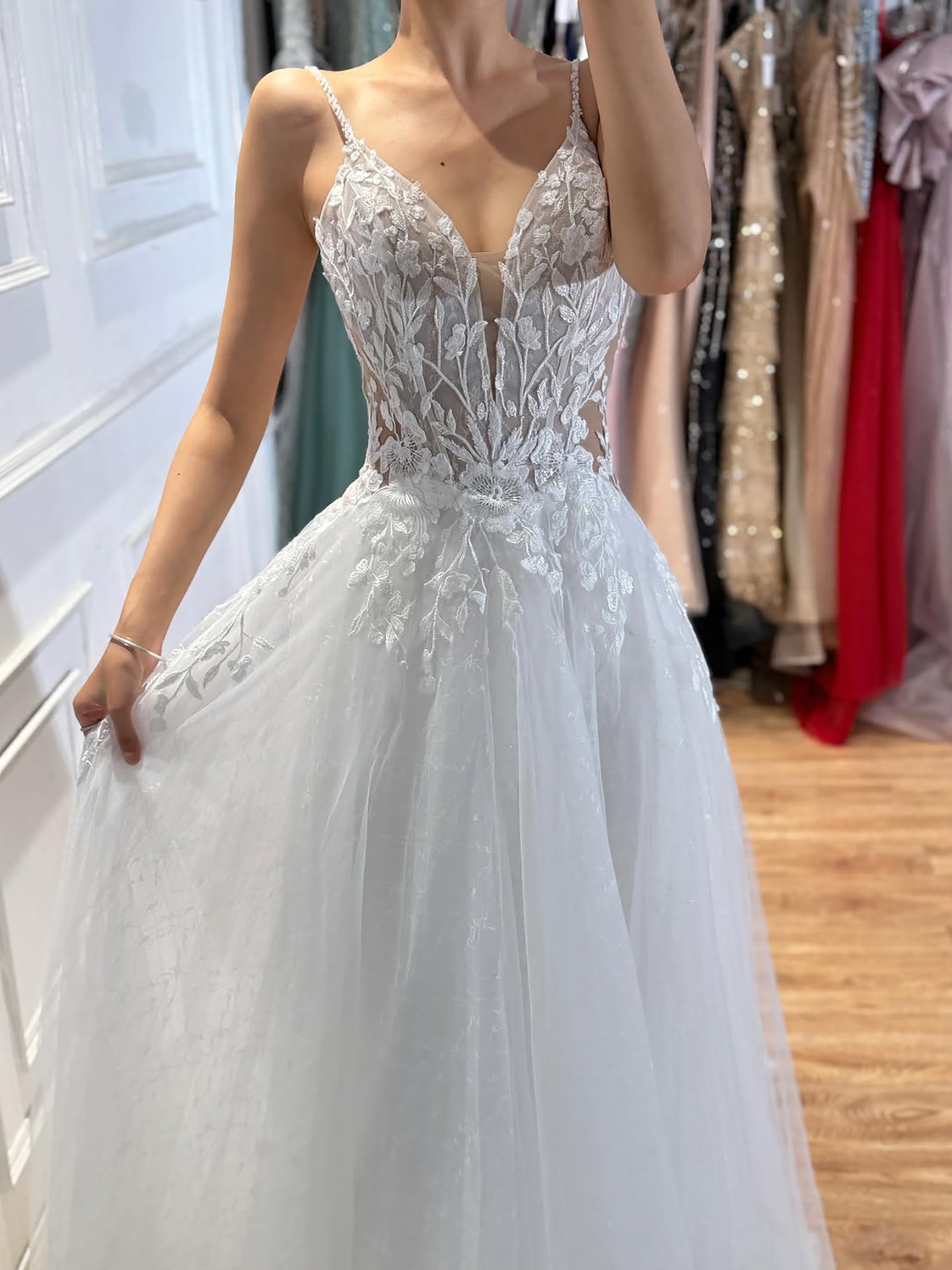 Luxury White Spaghetti Strap Floral Lace A-Line Dress LA73767 SERENE HILL