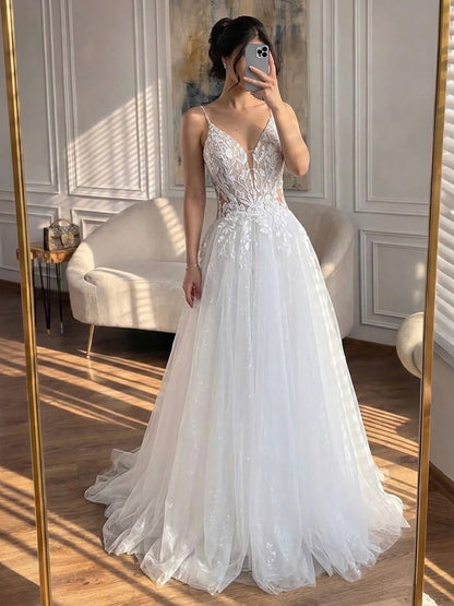 Luxury White Spaghetti Strap Floral Lace A-Line Dress LA73767 SERENE HILL