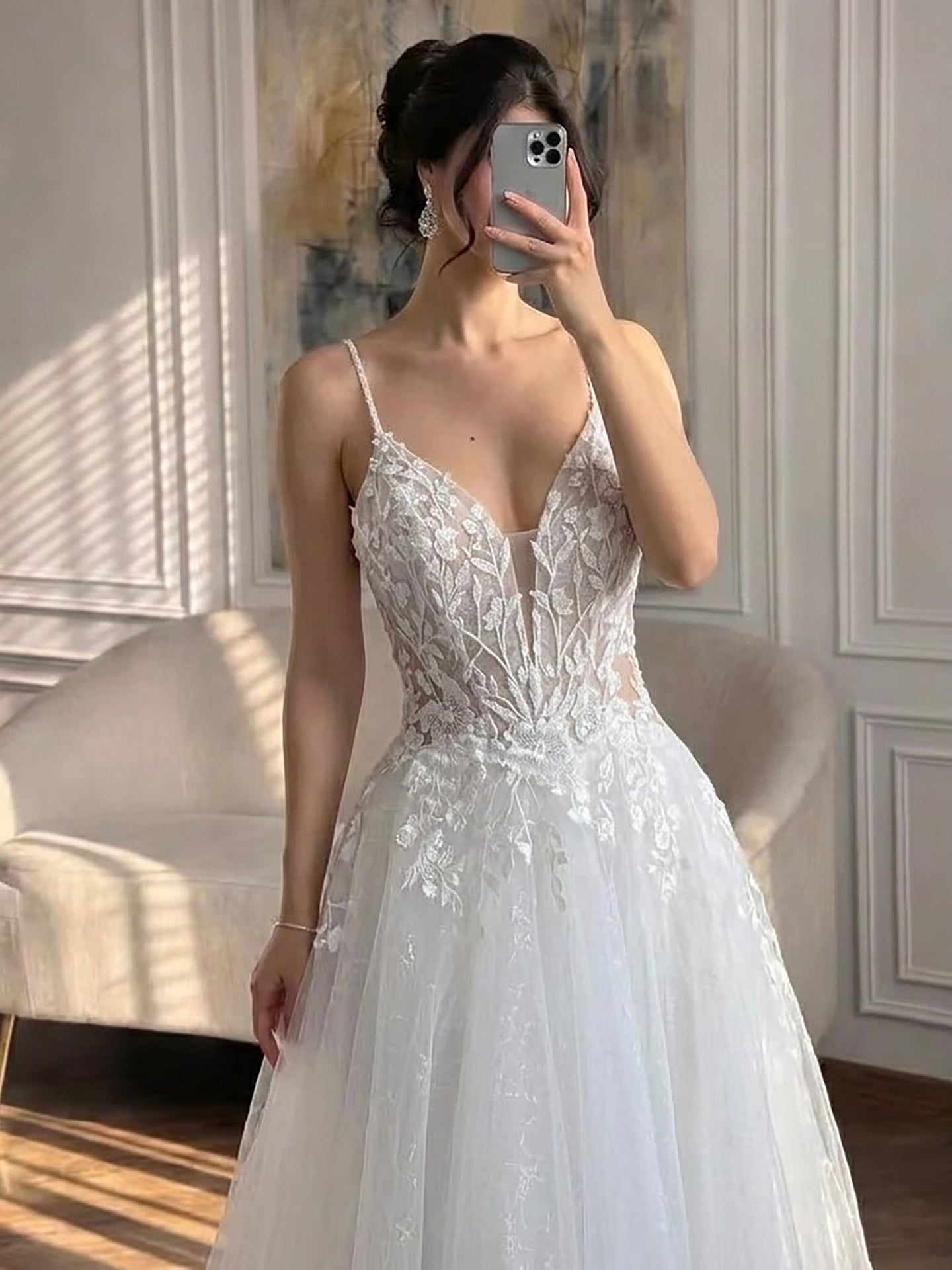 Luxury White Spaghetti Strap Floral Lace A-Line Dress LA73767 SERENE HILL