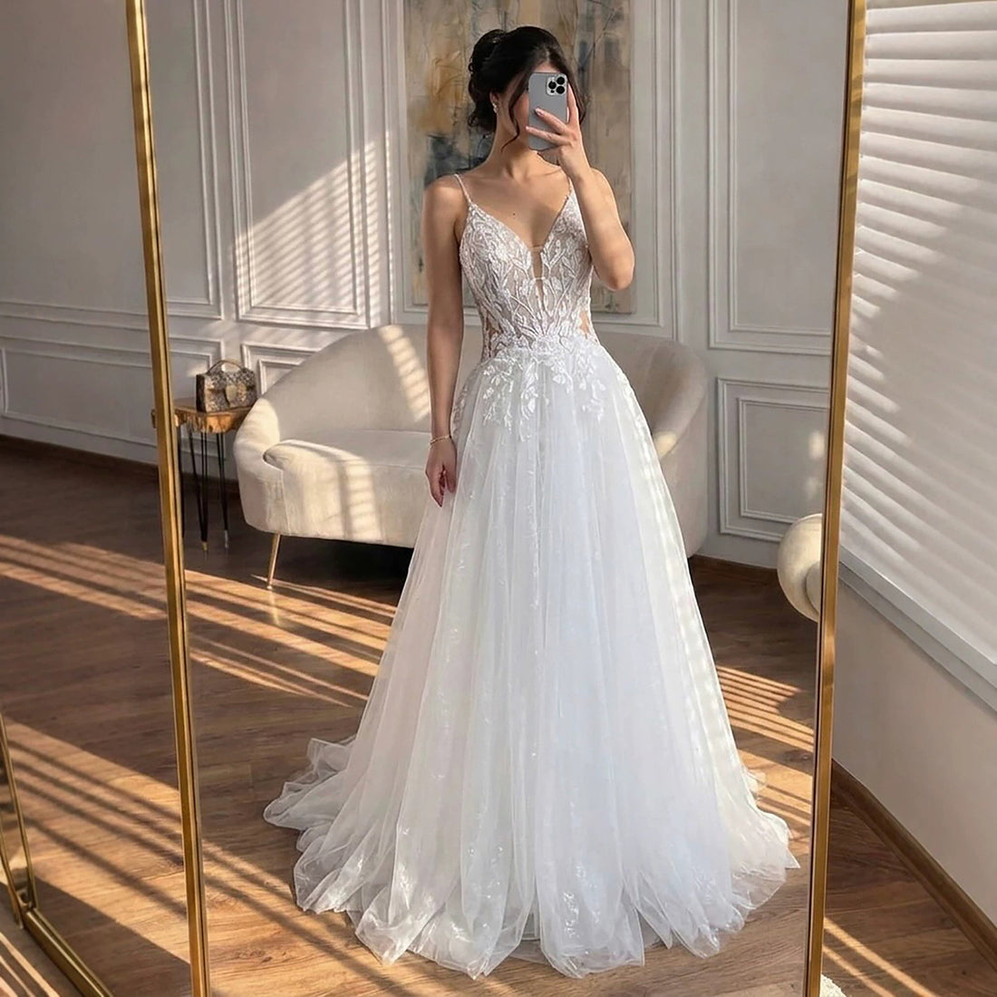 Luxury White Spaghetti Strap Floral Lace A-Line Dress LA73767 SERENE HILL