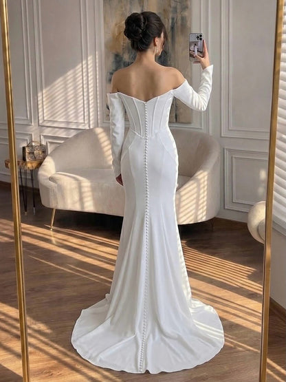 Luxury White Off Shoulder Sweetheart Long Sleeve Mermaid Dress LA73768 SERENE HILL