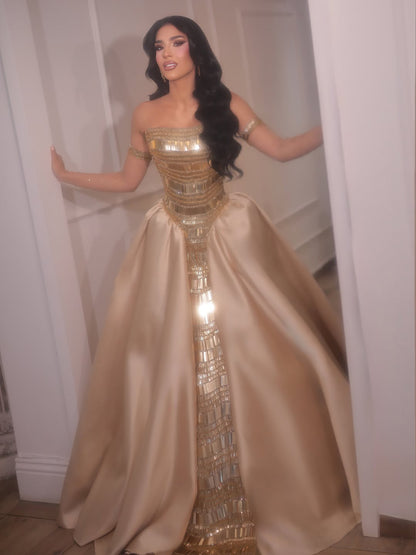 Luxury Gold Strapless Ball Gown Dress With Beaded Gloves LA73770 SERENE HILL