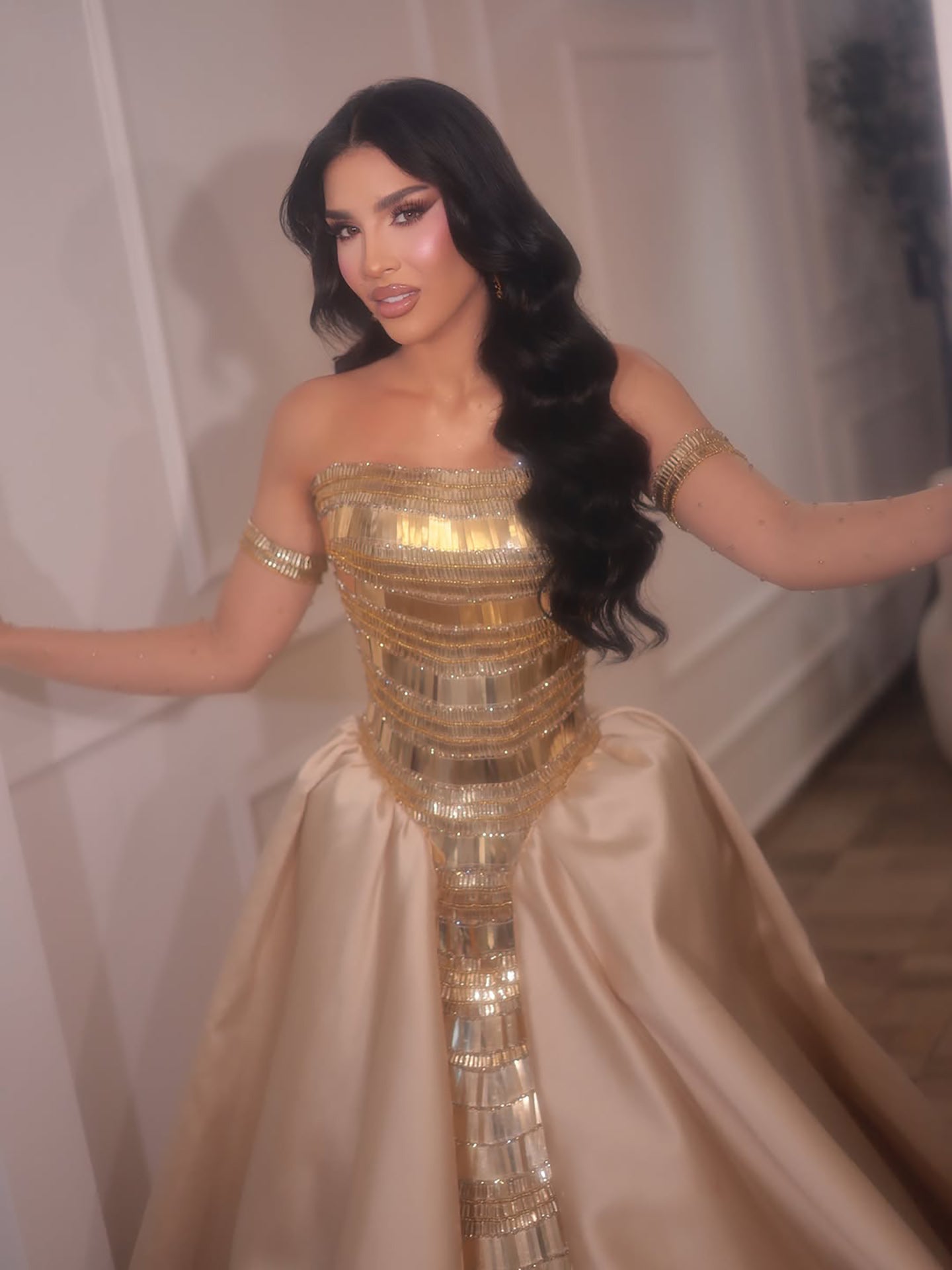 Luxury Gold Strapless Ball Gown Dress With Beaded Gloves LA73770 SERENE HILL
