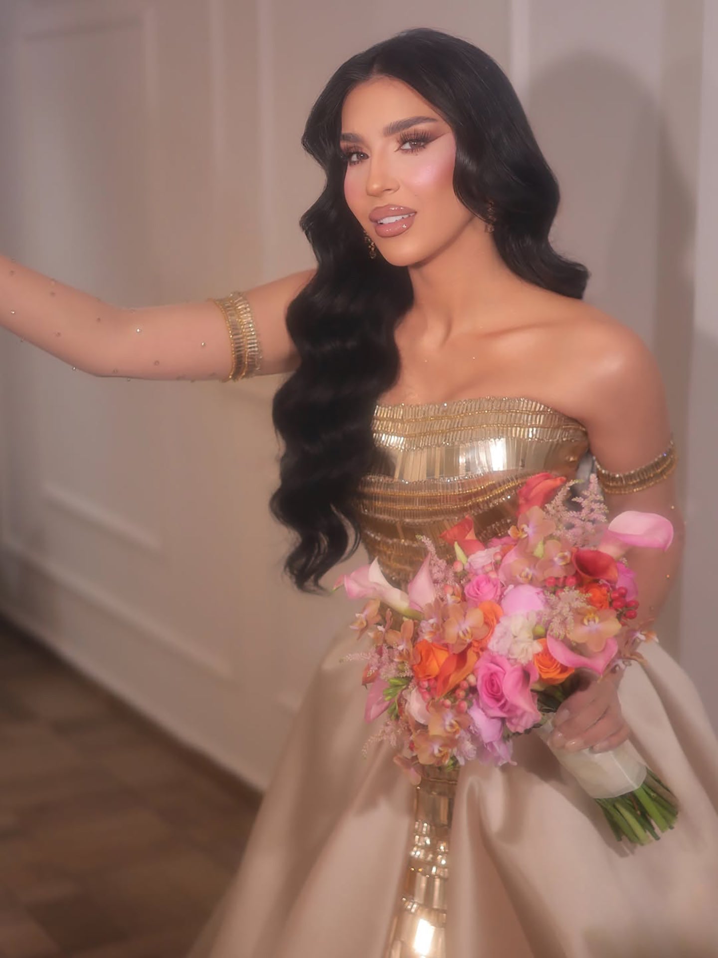 Luxury Gold Strapless Ball Gown Dress With Beaded Gloves LA73770 SERENE HILL