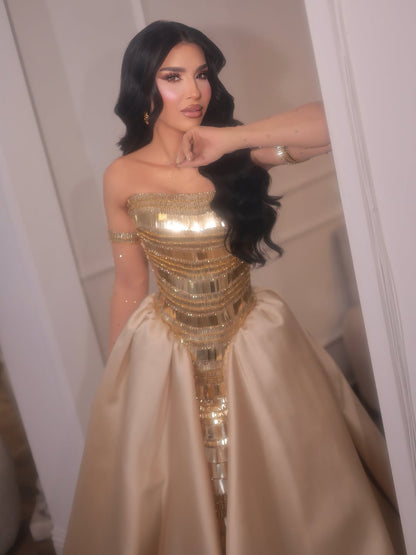 Luxury Gold Strapless Ball Gown Dress With Beaded Gloves LA73770 SERENE HILL