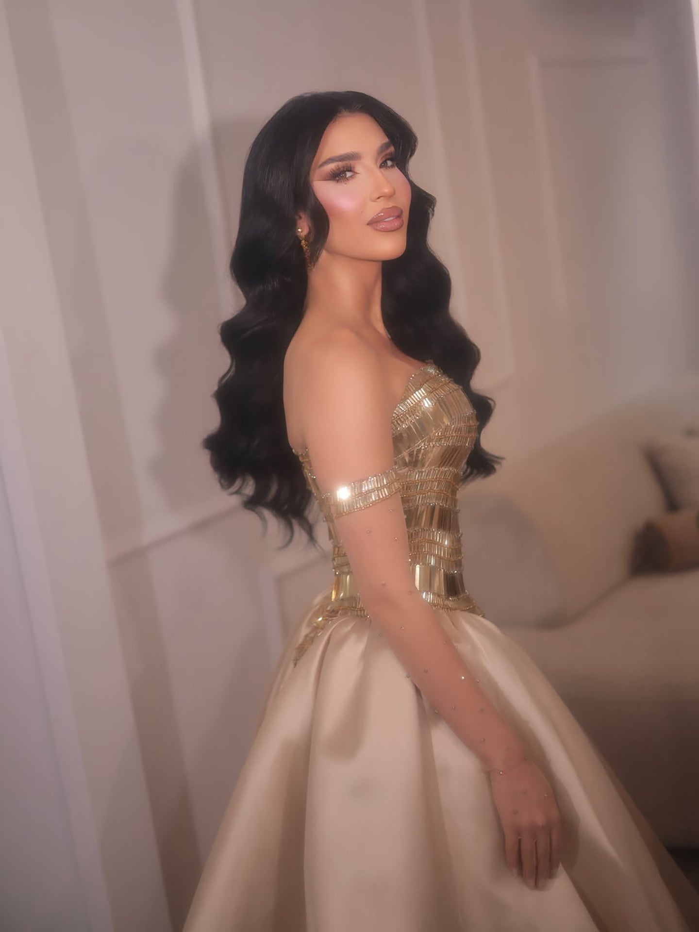 Luxury Gold Strapless Ball Gown Dress With Beaded Gloves LA73770 SERENE HILL
