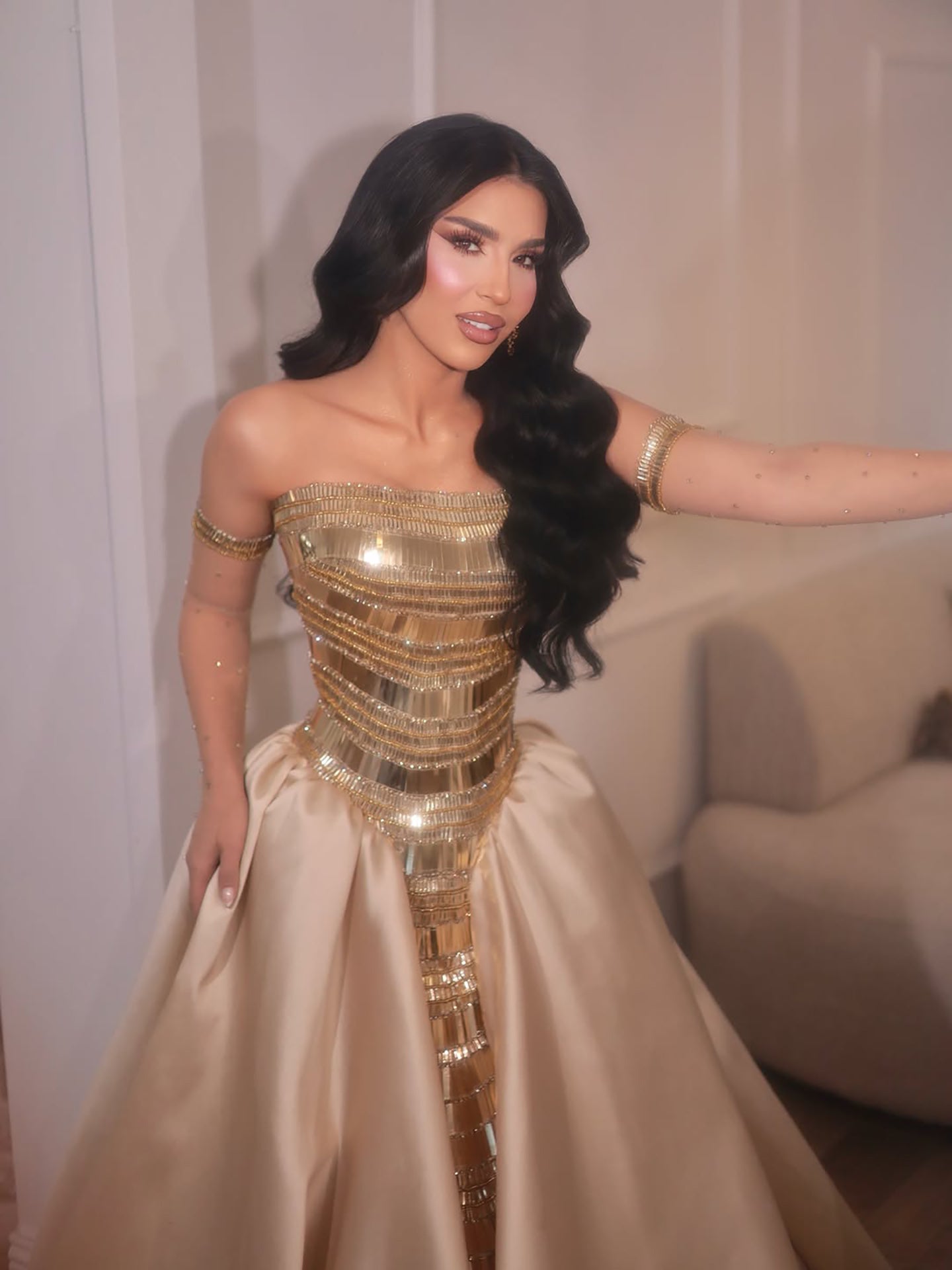 Luxury Gold Strapless Ball Gown Dress With Beaded Gloves LA73770 SERENE HILL