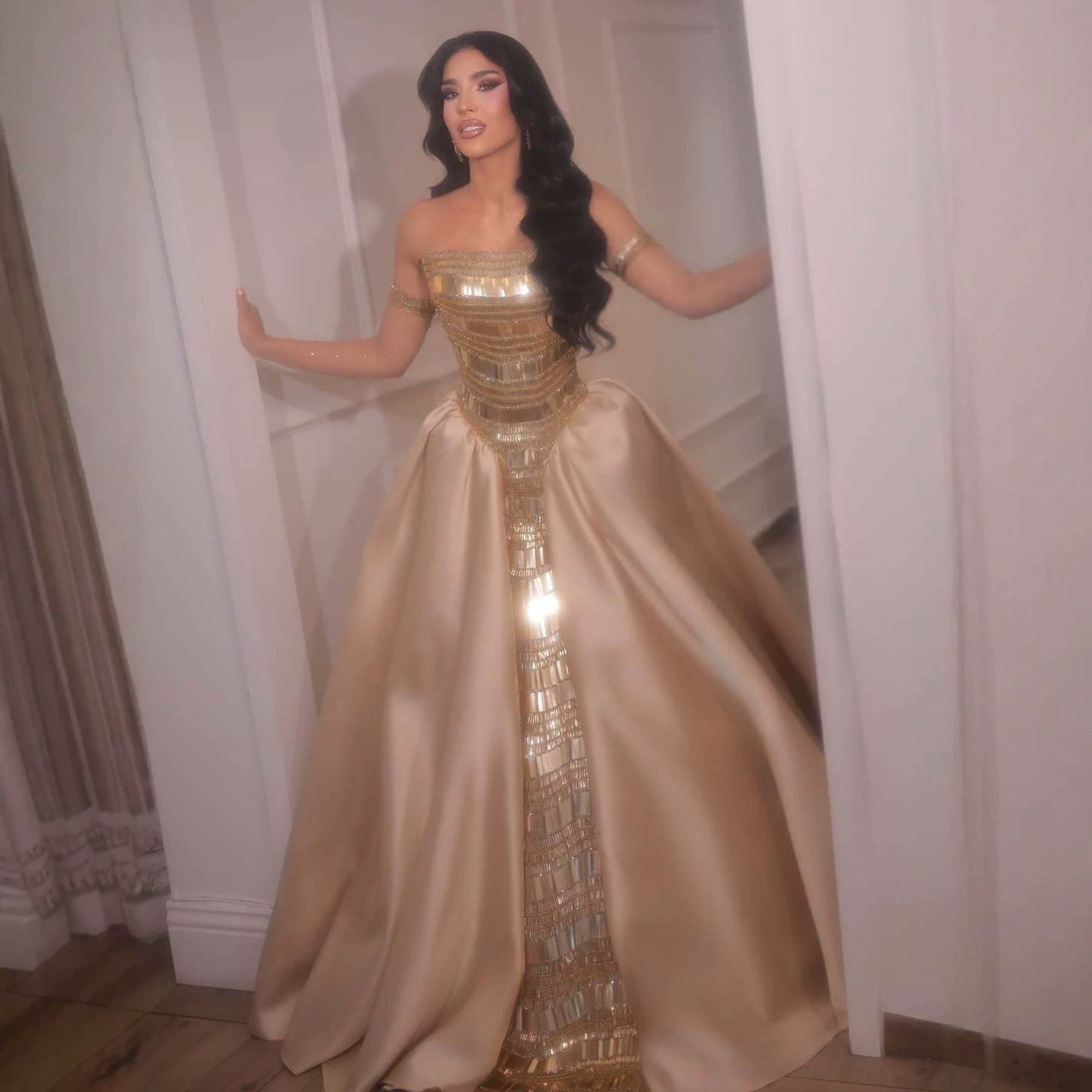 Luxury Gold Strapless Ball Gown Dress With Beaded Gloves LA73770 SERENE HILL