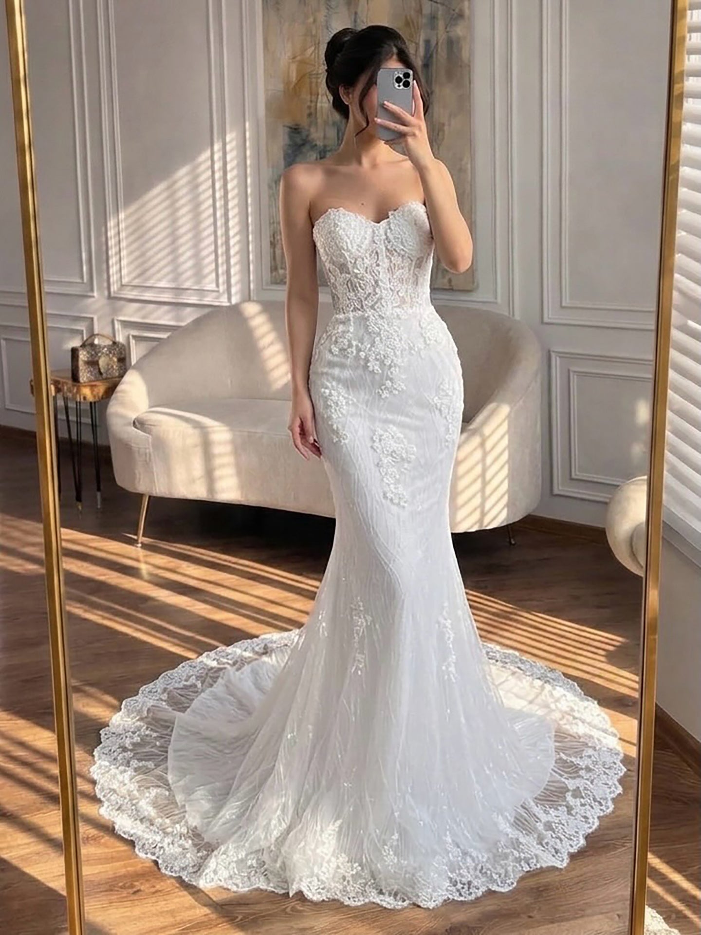 Luxury White Strapless See Through Lace Corset Mermaid Dress LA73771