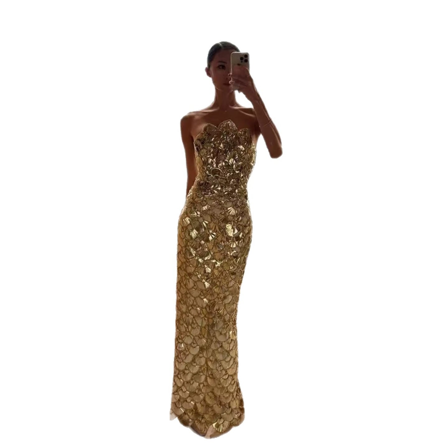 Luxury Gold Scallop Strapless Evening Dress Back Split LA73772 SERENE HILL